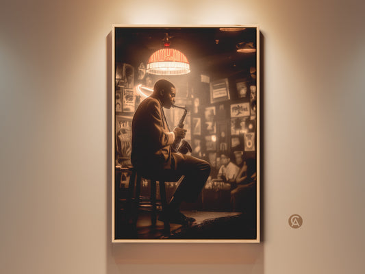 A captivating art print of a jazz musician immersed in his saxophone. The artwork captures the soulful ambiance of a dimly lit club. Patrons are enjoying the music. The warm lighting highlights the musician's silhouette. Purchase this fine art for a touch of musical inspiration.