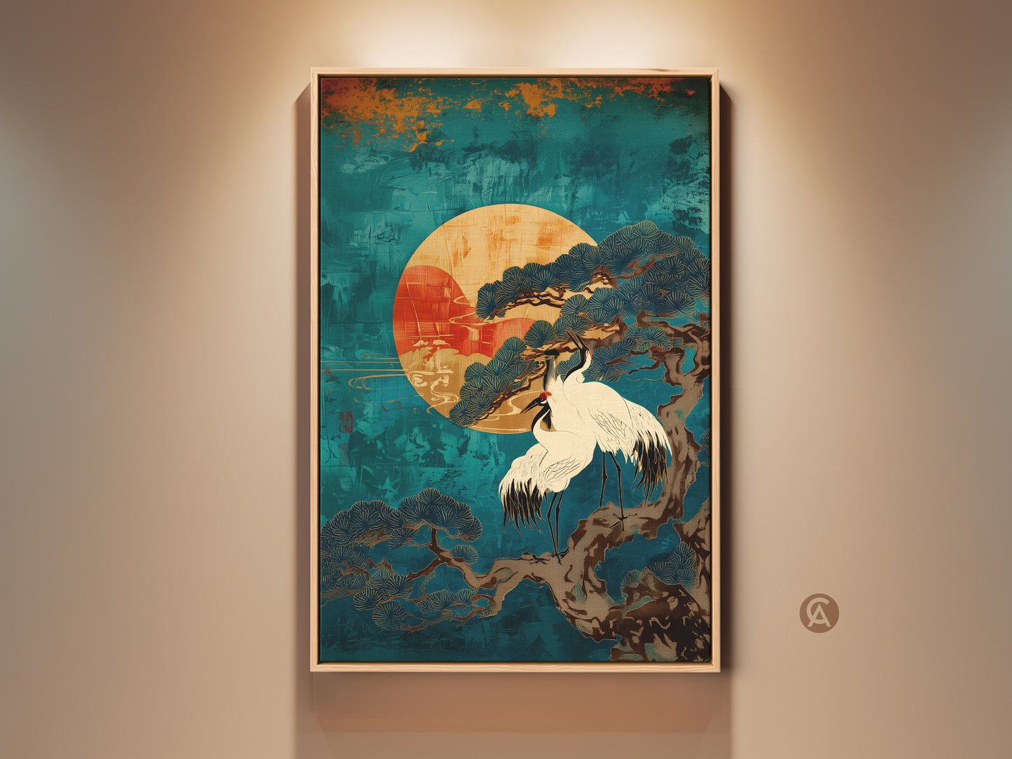 Framed Japandi wall art showcasing Teal Cranes and a Pine Tree under a stylized sun. Ukiyo-e style Japanese artwork adds tranquility to any room. Perfect as zen home decor or an elegant housewarming gift. This calming piece brings natural beauty and an oriental touch enhancing spiritual spaces with its elegant bird art.