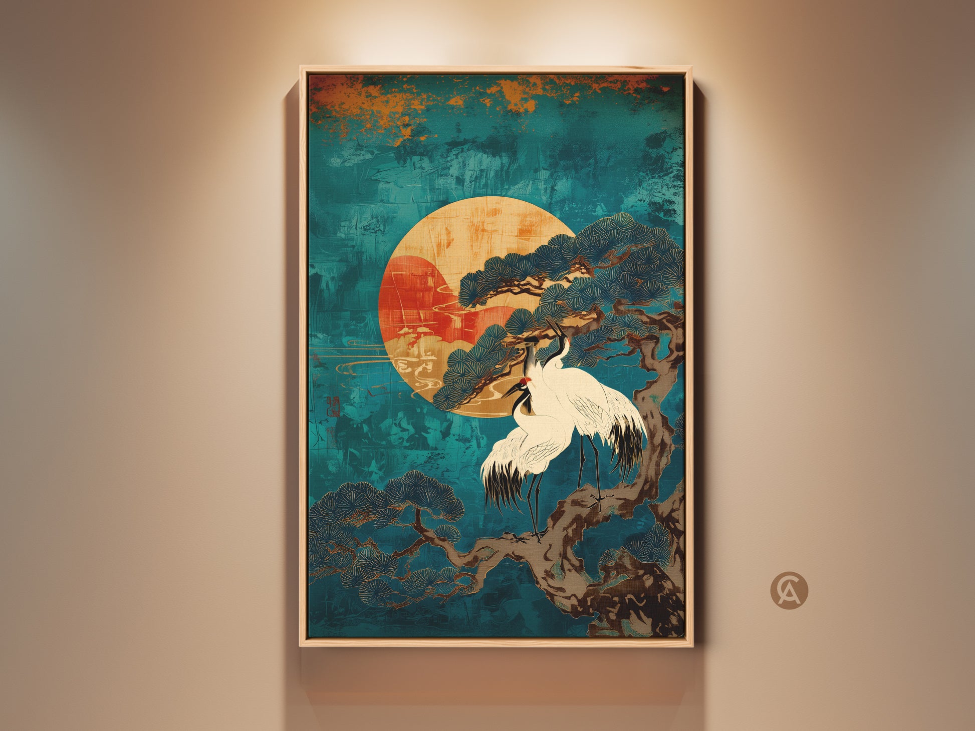 Framed Japandi wall art showcasing Teal Cranes and a Pine Tree under a stylized sun. Ukiyo-e style Japanese artwork adds tranquility to any room. Perfect as zen home decor or an elegant housewarming gift. This calming piece brings natural beauty and an oriental touch enhancing spiritual spaces with its elegant bird art.