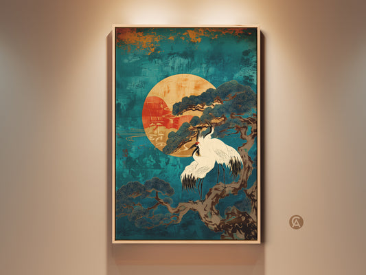 Framed Japandi wall art showcasing Teal Cranes and a Pine Tree under a stylized sun. Ukiyo-e style Japanese artwork adds tranquility to any room. Perfect as zen home decor or an elegant housewarming gift. This calming piece brings natural beauty and an oriental touch enhancing spiritual spaces with its elegant bird art.