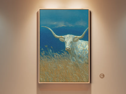Experience the serene beauty of the White Longhorn art. This fine art piece features a majestic longhorn in a golden field. Distant mountains are visible under a dreamy blue sky. This artwork brings a touch of rustic elegance to any space.