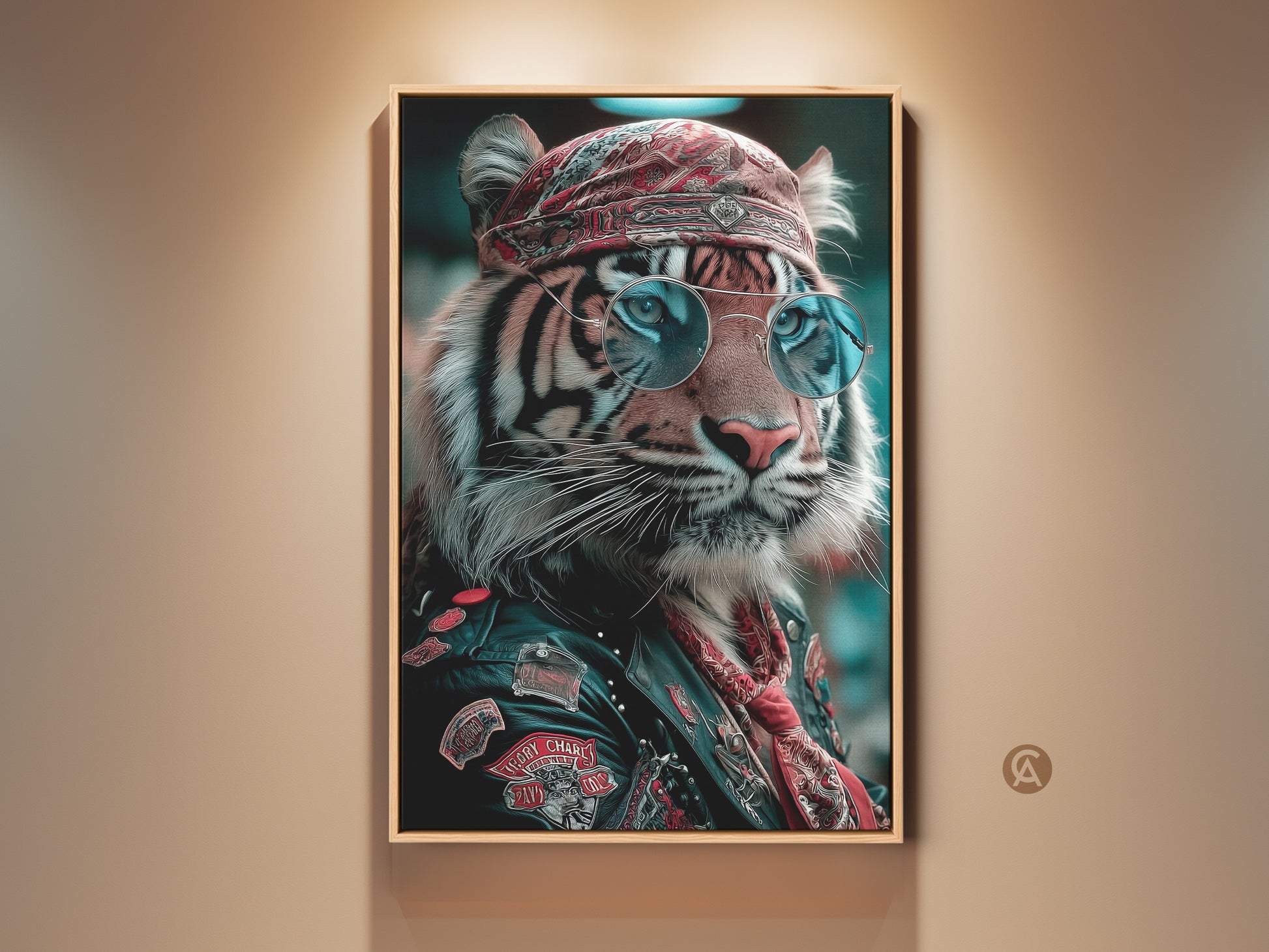 Biker Tiger canvas art on display. The cool portrait print showcases a tiger with sunglasses and a bandana. This man cave wall decor is an eclectic gift idea. The photorealistic artwork adds a unique touch to any space. Perfect for biker lifestyle fans and bold animal portrait enthusiasts.