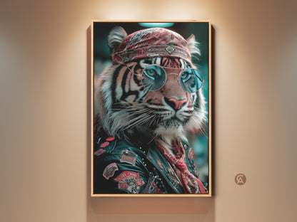 Biker Tiger canvas art on display. The cool portrait print showcases a tiger with sunglasses and a bandana. This man cave wall decor is an eclectic gift idea. The photorealistic artwork adds a unique touch to any space. Perfect for biker lifestyle fans and bold animal portrait enthusiasts.