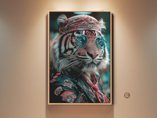 Biker Tiger canvas art on display. The cool portrait print showcases a tiger with sunglasses and a bandana. This man cave wall decor is an eclectic gift idea. The photorealistic artwork adds a unique touch to any space. Perfect for biker lifestyle fans and bold animal portrait enthusiasts.