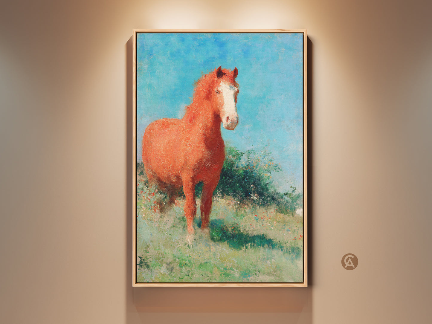 Equestrian canvas art featuring an impressionist orange horse in a field. This rustic nature landscape print adds a touch of country charm. The blue sky and green field enhance this animal farm print. A perfect housewarming gift for horse lovers bring nature indoors with this rustic farmhouse art.