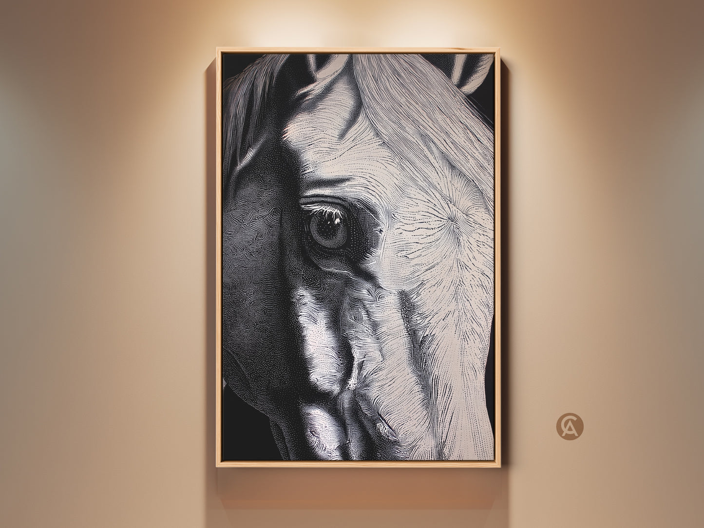 Close-up horse portrait in a modern setting. This monochrome wildlife artwork features a horse's eye and mane. The black and white tones add a sophisticated feel to this home office decor. A perfect gift for horse lovers. It is a contemporary animal art piece.