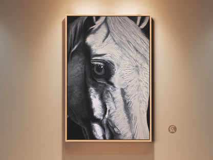 Close-up horse portrait in a modern setting. This monochrome wildlife artwork features a horse's eye and mane. The black and white tones add a sophisticated feel to this home office decor. A perfect gift for horse lovers. It is a contemporary animal art piece.