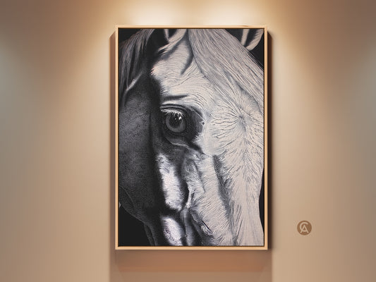 Close-up horse portrait in a modern setting. This monochrome wildlife artwork features a horse's eye and mane. The black and white tones add a sophisticated feel to this home office decor. A perfect gift for horse lovers. It is a contemporary animal art piece.