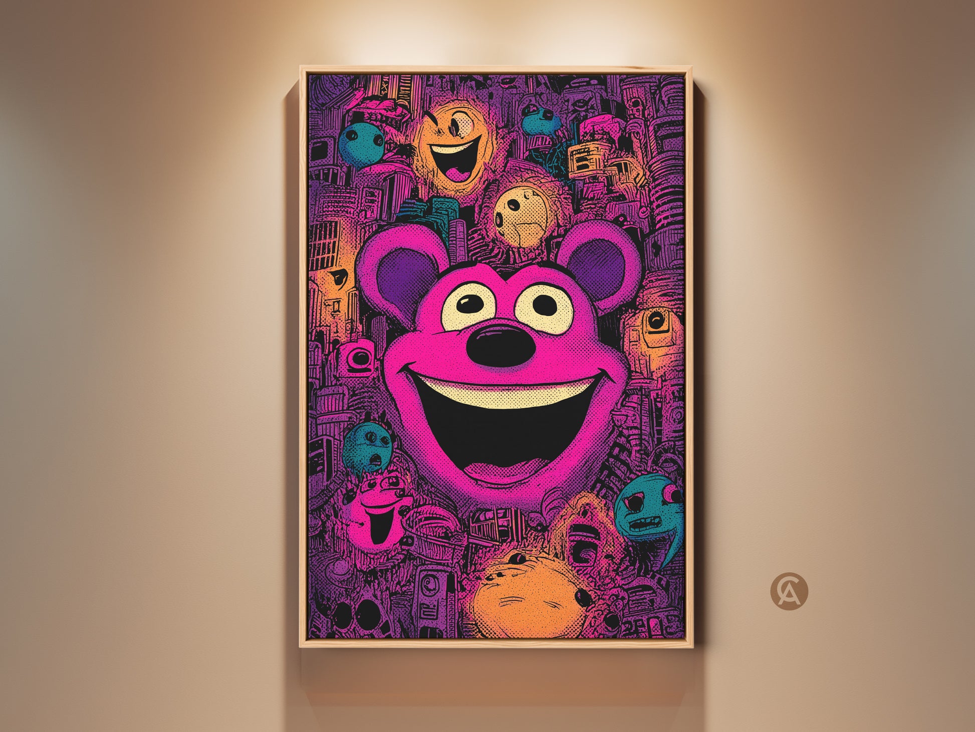 Framed artwork featuring a pop art style teddy bear with a huge smile. The playful art print is framed in a light wood. The colorful graphic artwork is ready to hang adding joy to any wall.