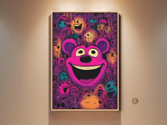 Framed artwork featuring a pop art style teddy bear with a huge smile. The playful art print is framed in a light wood. The colorful graphic artwork is ready to hang adding joy to any wall.