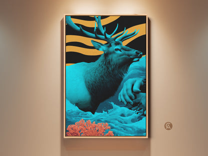 Stylized Elk canvas wall art in teal and orange tones creates eclectic office artwork. The surreal wildlife animal print on canvas is framed adding sophistication. The bold colors and Art Nouveau elk elements make it a unique housewarming gift. It will enhance any space with modern wildlife art.