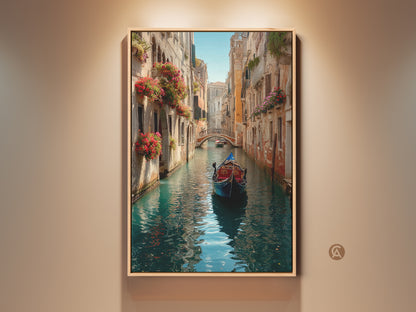 Experience Venice with this captivating artwork. The scene features a gondola on a canal. Buildings with flower boxes line the waterway. A bridge stretches across the canal in the background. Purchase this museum-quality art to add beauty to your living space.