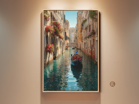 Experience Venice with this captivating artwork. The scene features a gondola on a canal. Buildings with flower boxes line the waterway. A bridge stretches across the canal in the background. Purchase this museum-quality art to add beauty to your living space.