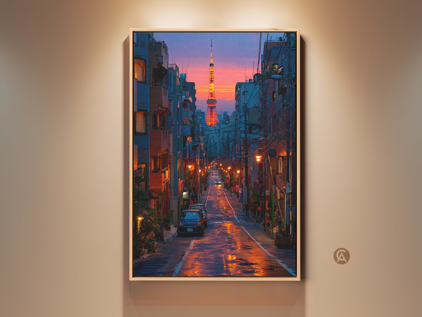 Tokyo Tower art print featuring a vibrant cityscape. The artwork captures an urban scene at dusk with deep blue and orange hues. Perfect contemporary home gift. The tower is a travel-inspired piece ideal for adding a modern touch to any room. The premium canvas enhances the vivid colors of the city night.