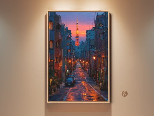 Tokyo Tower art print featuring a vibrant cityscape. The artwork captures an urban scene at dusk with deep blue and orange hues. Perfect contemporary home gift. The tower is a travel-inspired piece ideal for adding a modern touch to any room. The premium canvas enhances the vivid colors of the city night.