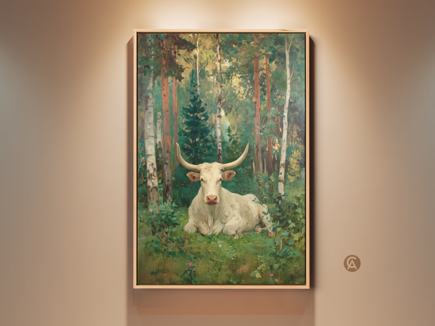 A captivating oil painting shows a white longhorn bull resting in a forest. The sunlight filters through birch trees creating a serene scene. This fine art print adds rustic elegance to any space.