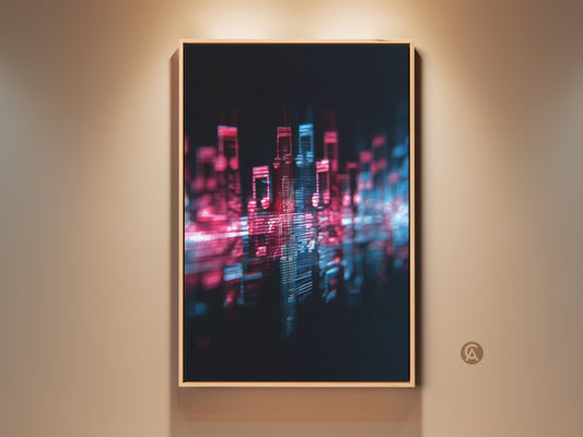 Framed Glitch Art Print of an abstract music cityscape. This magenta and blue digital artwork adds a modern touch to any office. A unique housewarming gift idea for music lovers. The contemporary wall hanging enhances modern home decor with its urban glitch aesthetic.