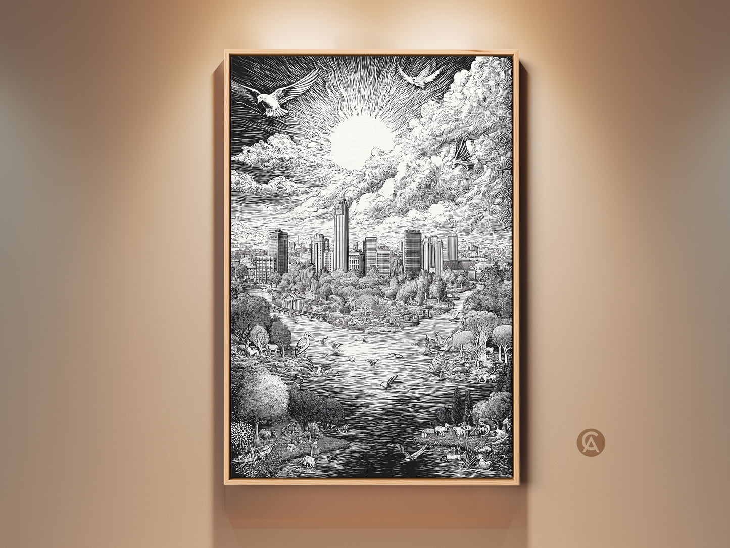 Framed Austin Texas Skyline artwork. The wood frame complements the black and white drawing. Pigeons fly above the sunlit clouds. Below is a park with water and wild animals. This art print is visually appealing and a great conversation starter.