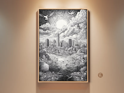 Framed Austin Texas Skyline artwork. The wood frame complements the black and white drawing. Pigeons fly above the sunlit clouds. Below is a park with water and wild animals. This art print is visually appealing and a great conversation starter.