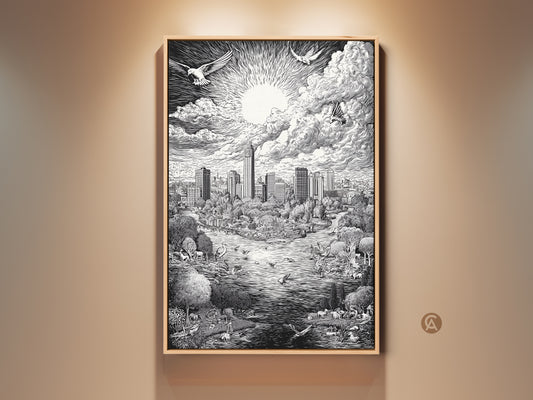 Framed Austin Texas Skyline artwork. The wood frame complements the black and white drawing. Pigeons fly above the sunlit clouds. Below is a park with water and wild animals. This art print is visually appealing and a great conversation starter.