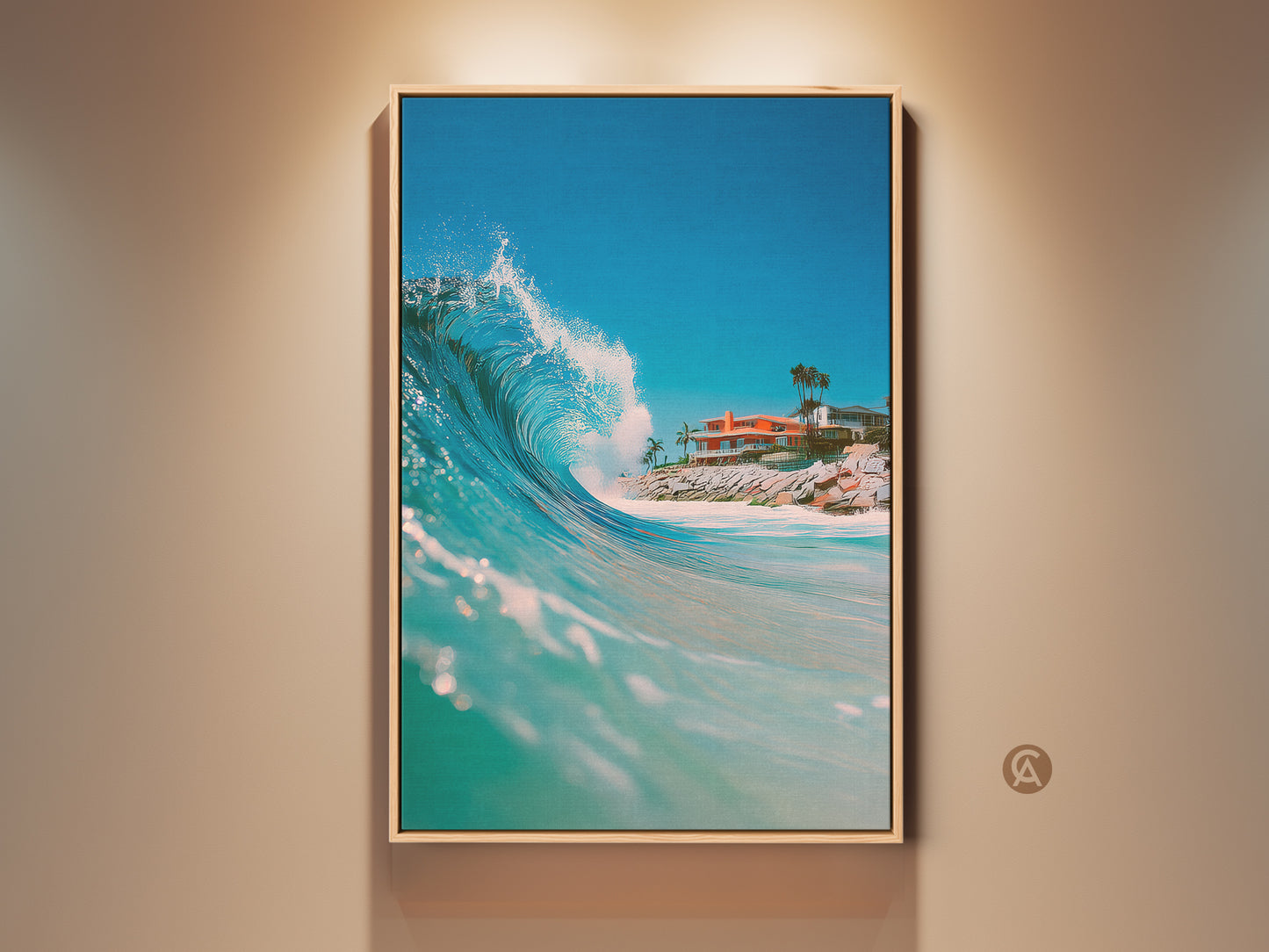 Stunning ocean wave art in a natural wood frame. This artwork captures the beauty of the sea. A picturesque house sits on the shore. Perfect coastal decor for any home or office space. The framed art print adds a touch of serenity.