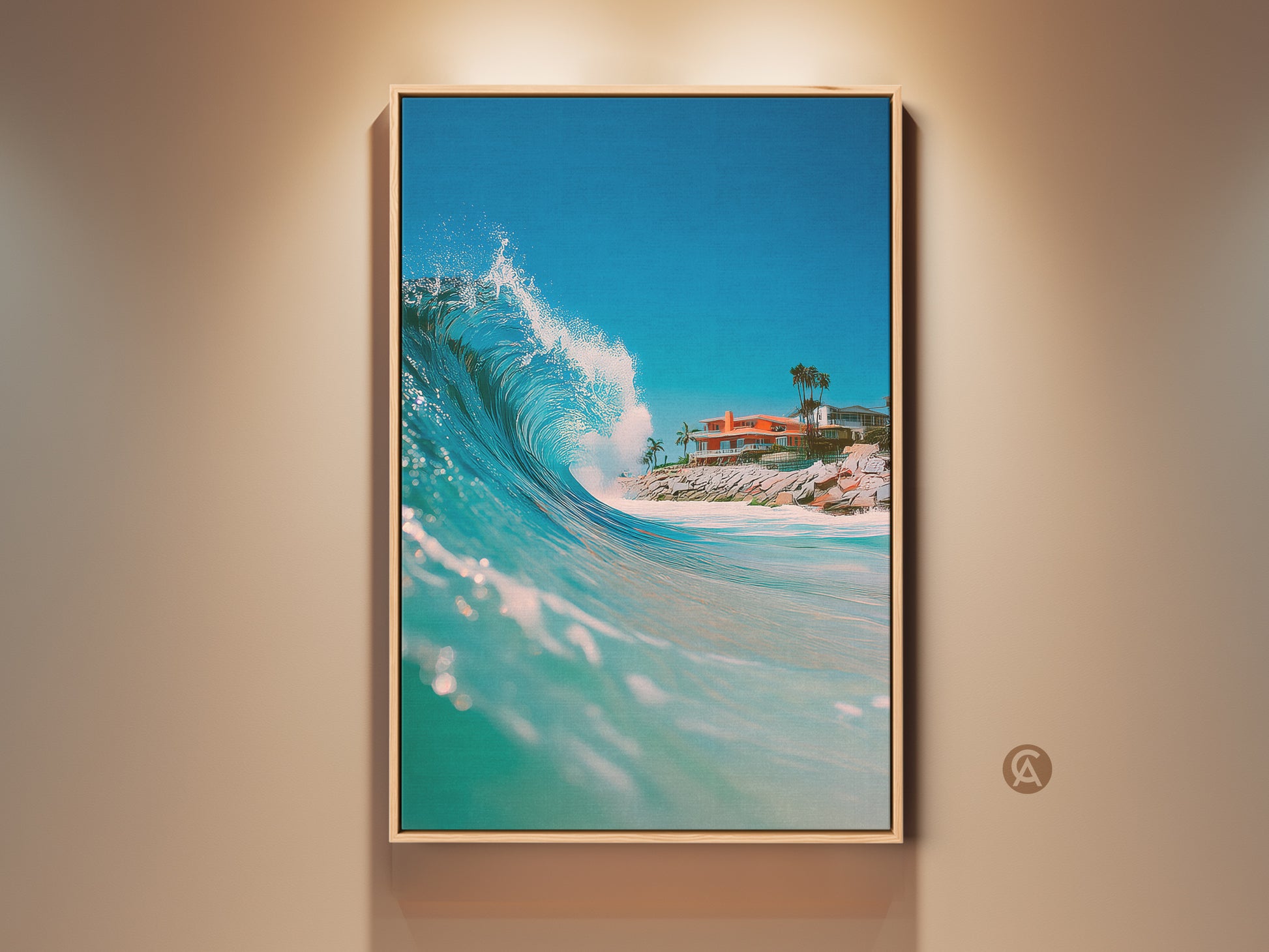 Stunning ocean wave art in a natural wood frame. This artwork captures the beauty of the sea. A picturesque house sits on the shore. Perfect coastal decor for any home or office space. The framed art print adds a touch of serenity.