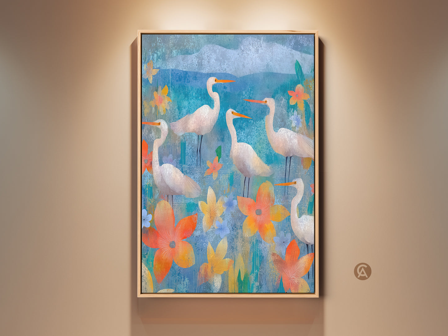 Framed Egret and Floral Canvas Print. Teal blue nature wall art creating an inviting atmosphere. Bird art is featured in a residential living room. This eclectic home wall art makes a beautiful housewarming gift.