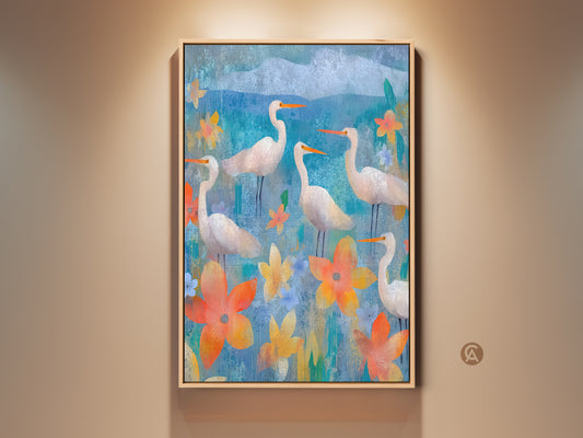 Framed Egret and Floral Canvas Print. Teal blue nature wall art creating an inviting atmosphere. Bird art is featured in a residential living room. This eclectic home wall art makes a beautiful housewarming gift.