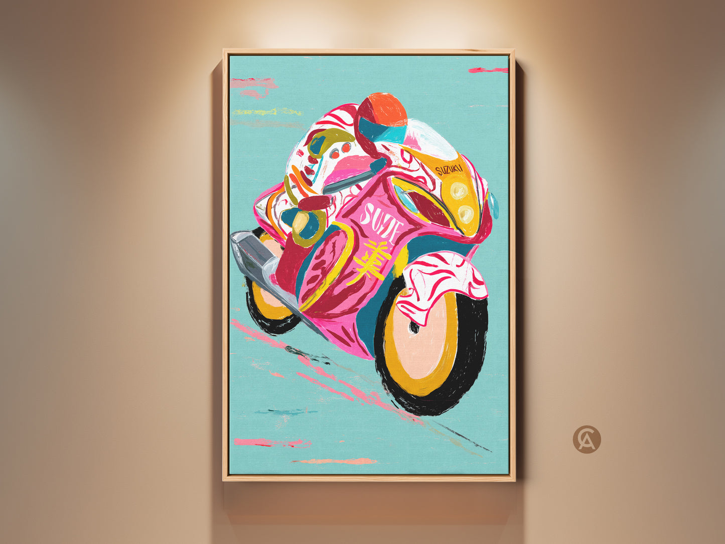 Eclectic motorcycle art print in a floating frame. Features bold brushstrokes of pink yellow and teal. Perfect transport themed wall decor for a man cave or garage gift for F1 fans.