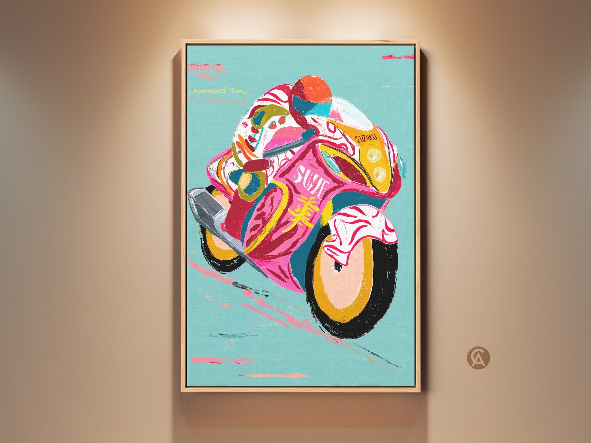 Eclectic motorcycle art print in a floating frame. Features bold brushstrokes of pink yellow and teal. Perfect transport themed wall decor for a man cave or garage gift for F1 fans.