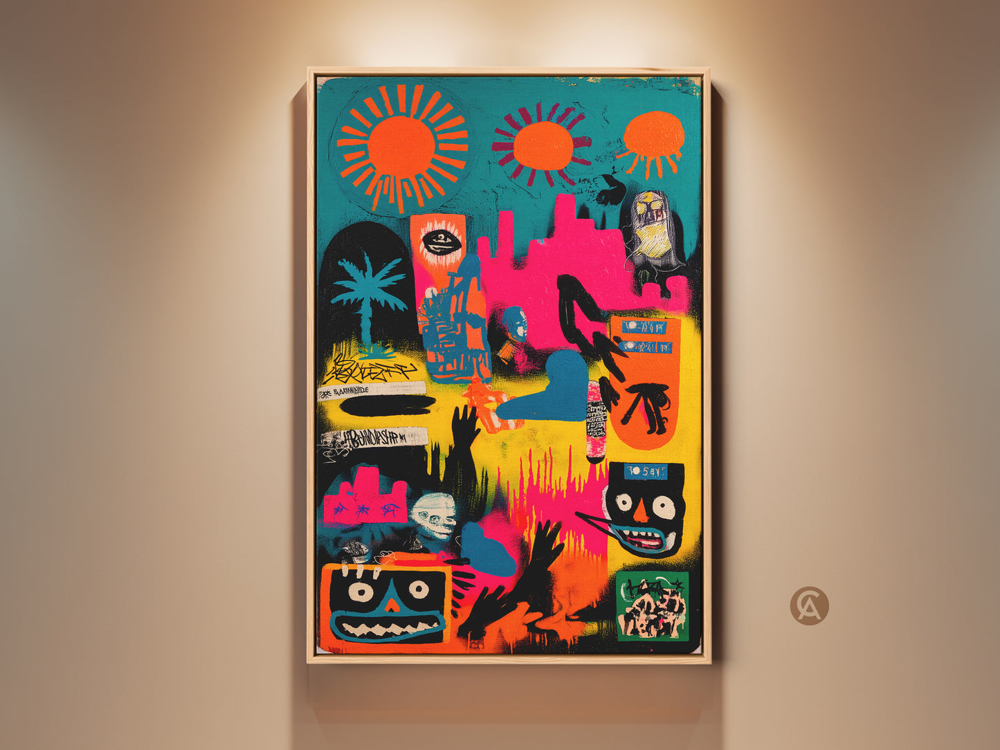 Framed artwork on display. This vibrant canvas features an array of abstract symbols and figures. The art piece is a modern graffiti style reminiscent of street art. Shop this unique piece to add color to any room