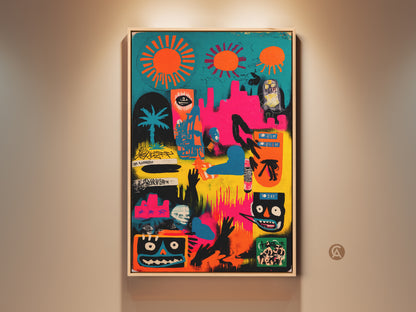 Framed artwork on display. This vibrant canvas features an array of abstract symbols and figures. The art piece is a modern graffiti style reminiscent of street art. Shop this unique piece to add color to any room