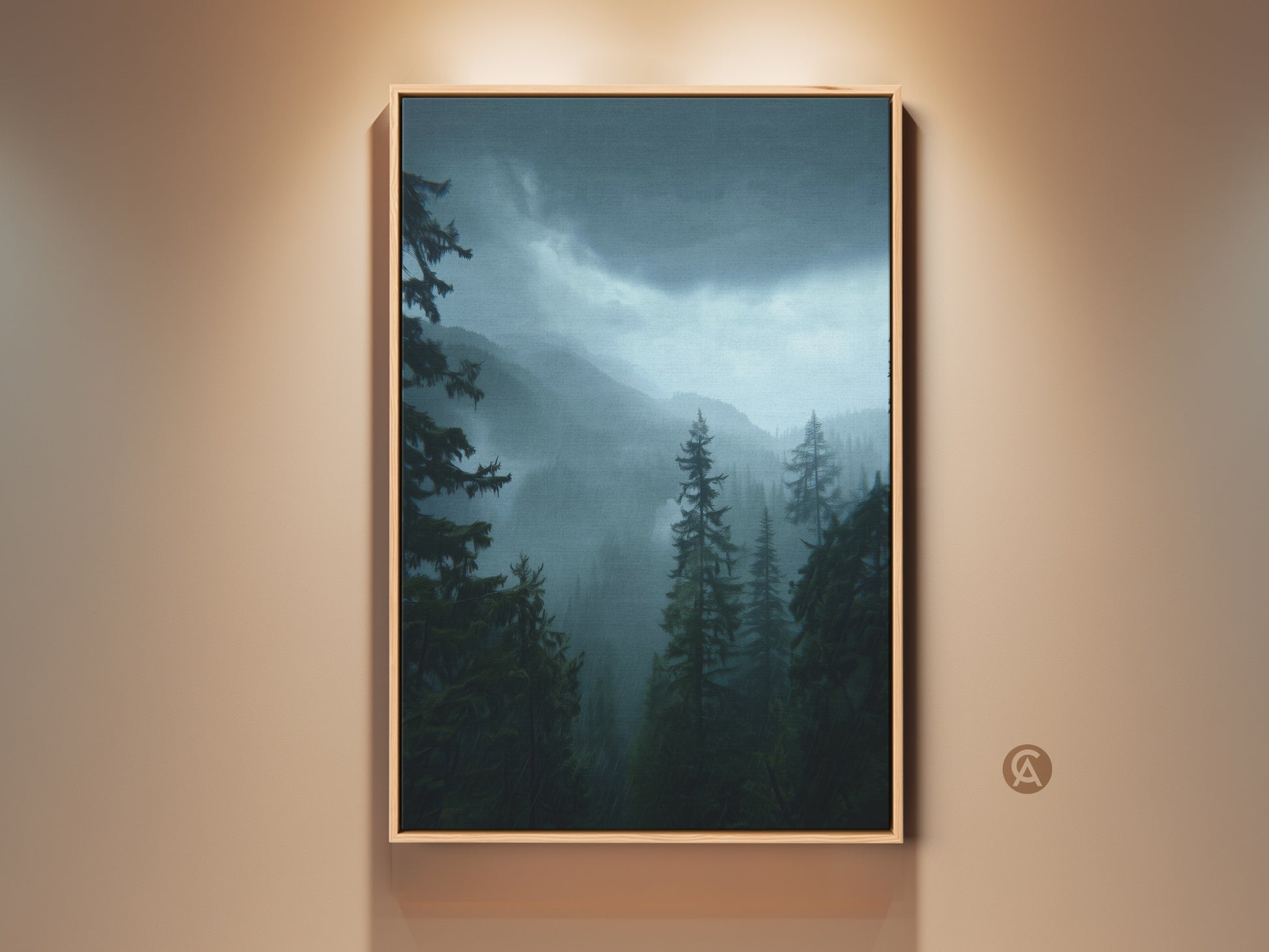 Modern dark green forest wall artwork. A blue mountain landscape canvas print showcases moody pine trees. Perfect nature home decor gift for outdoor lovers. The artwork brings tranquility and depth to any room. Its dark green and blue hues complement modern and rustic interior styles.