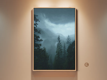 Modern dark green forest wall artwork. A blue mountain landscape canvas print showcases moody pine trees. Perfect nature home decor gift for outdoor lovers. The artwork brings tranquility and depth to any room. Its dark green and blue hues complement modern and rustic interior styles.