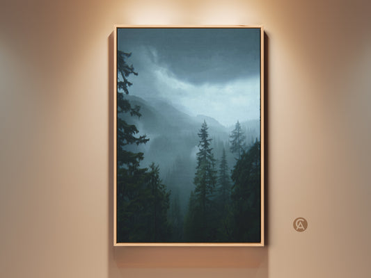 Modern dark green forest wall artwork. A blue mountain landscape canvas print showcases moody pine trees. Perfect nature home decor gift for outdoor lovers. The artwork brings tranquility and depth to any room. Its dark green and blue hues complement modern and rustic interior styles.