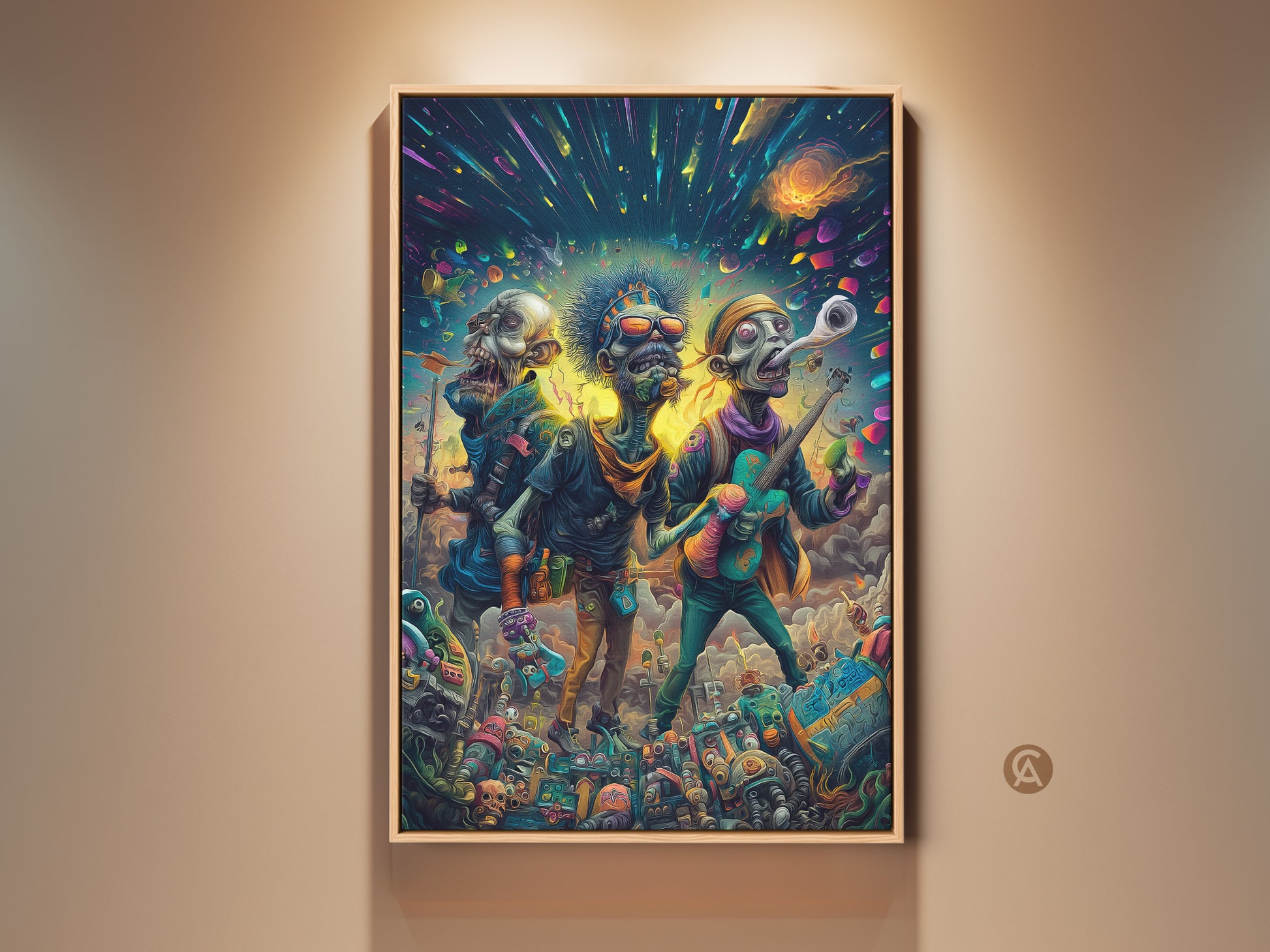 Zombie Band Art Print. A trio of undead musicians rock out beneath a vibrant cosmic sky. This surreal artwork is perfect for music lovers and fans of the macabre. Add an edgy touch to your home decor with this unique piece. Shop now for canvas and framed options.