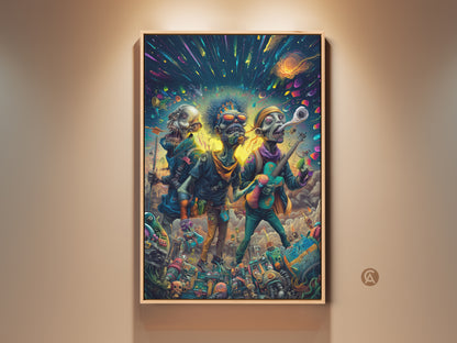 Zombie Band Art Print. A trio of undead musicians rock out beneath a vibrant cosmic sky. This surreal artwork is perfect for music lovers and fans of the macabre. Add an edgy touch to your home decor with this unique piece. Shop now for canvas and framed options.