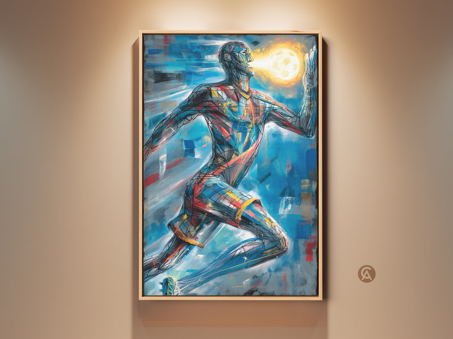 Framed abstract runner art. See the blue red gold sports canvas wall art. This modern office decor is perfect for a contemporary space. The framed artwork enhances any room. Consider this runner painting for a motivational touch.