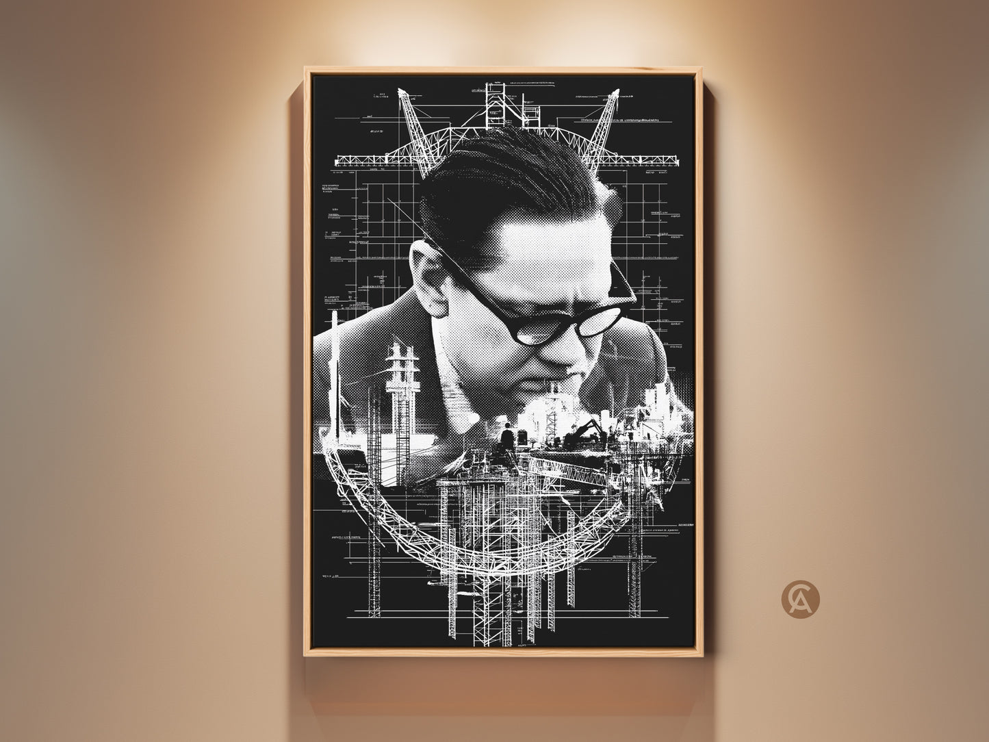 Framed industrial blueprint art. A monochrome canvas print shows an engineer surrounded by construction plans. It's a unique architect gift for office decor. The industrial art adds a sophisticated touch.