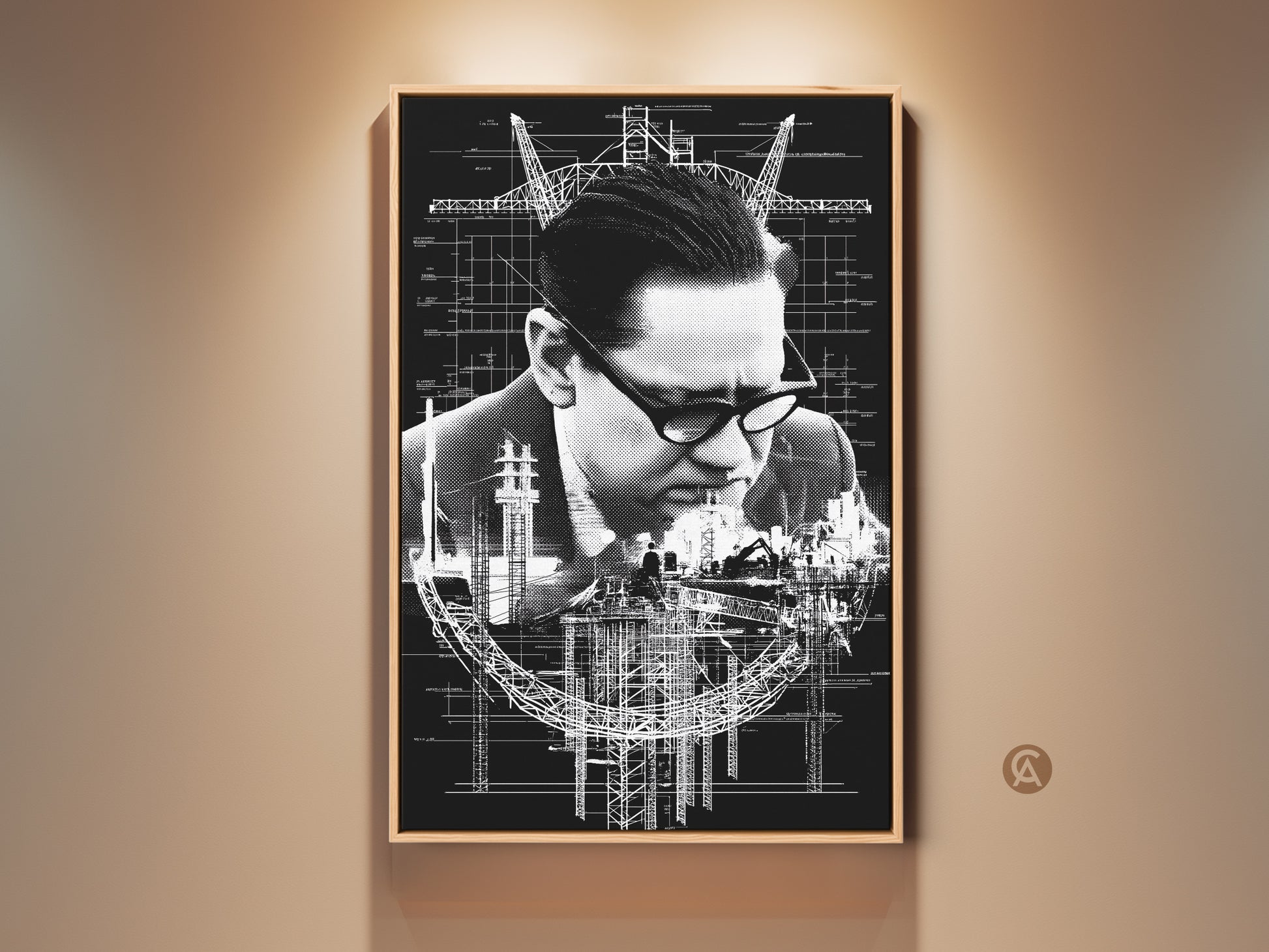 Framed industrial blueprint art. A monochrome canvas print shows an engineer surrounded by construction plans. It's a unique architect gift for office decor. The industrial art adds a sophisticated touch.