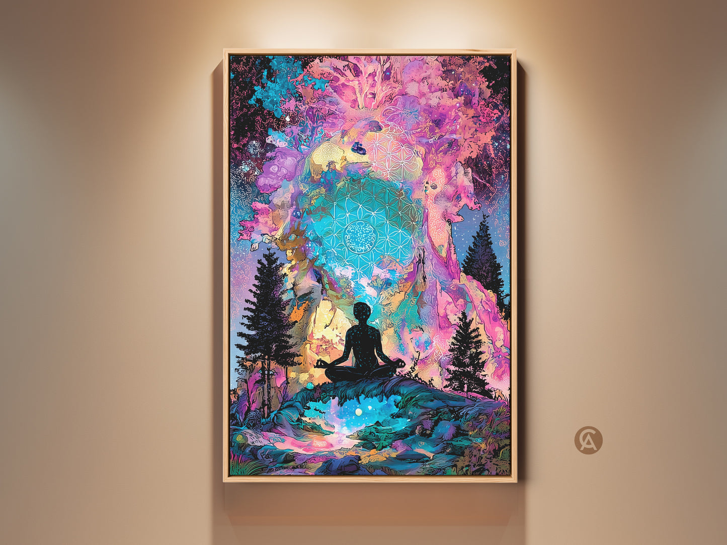 A framed artwork shows a silhouette meditating. It is set in a vibrant surreal landscape. The art includes trees and psychedelic skies. This spiritual canvas art promotes mindfulness and calm.