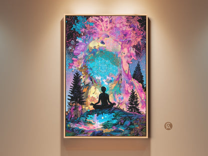 A framed artwork shows a silhouette meditating. It is set in a vibrant surreal landscape. The art includes trees and psychedelic skies. This spiritual canvas art promotes mindfulness and calm.