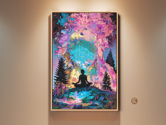 A framed artwork shows a silhouette meditating. It is set in a vibrant surreal landscape. The art includes trees and psychedelic skies. This spiritual canvas art promotes mindfulness and calm.