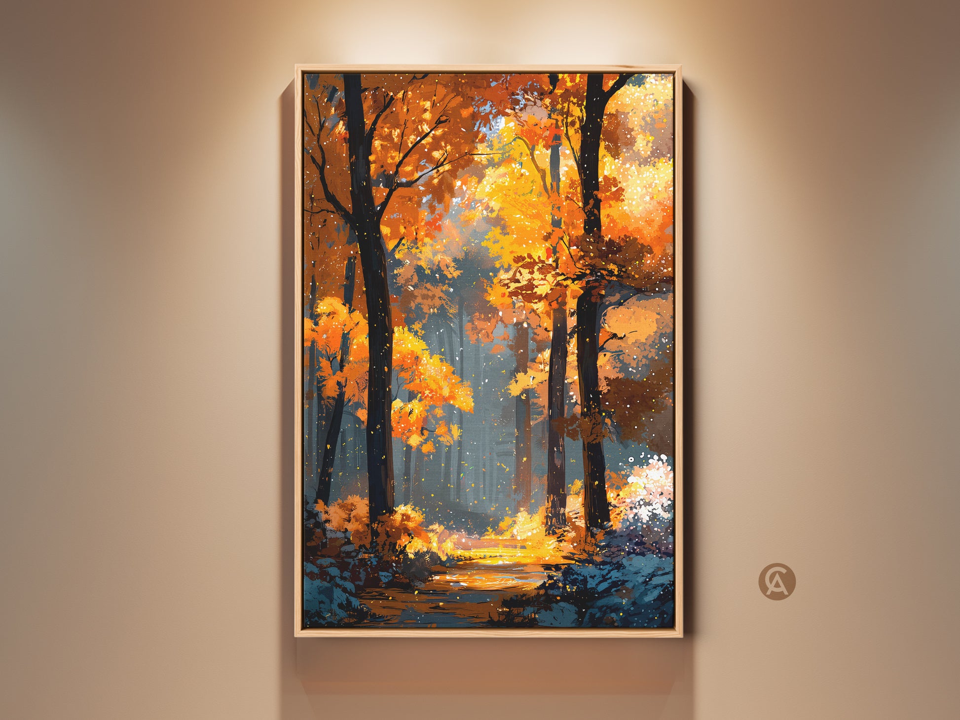 Framed autumn forest artwork graces a beige wall. The painting features golden leaves and a serene forest scene. Sunlight filters through the trees. It creates a warm and inviting atmosphere.