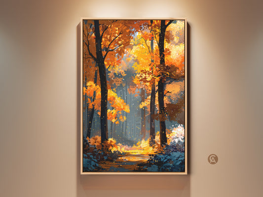 Framed autumn forest artwork graces a beige wall. The painting features golden leaves and a serene forest scene. Sunlight filters through the trees. It creates a warm and inviting atmosphere.