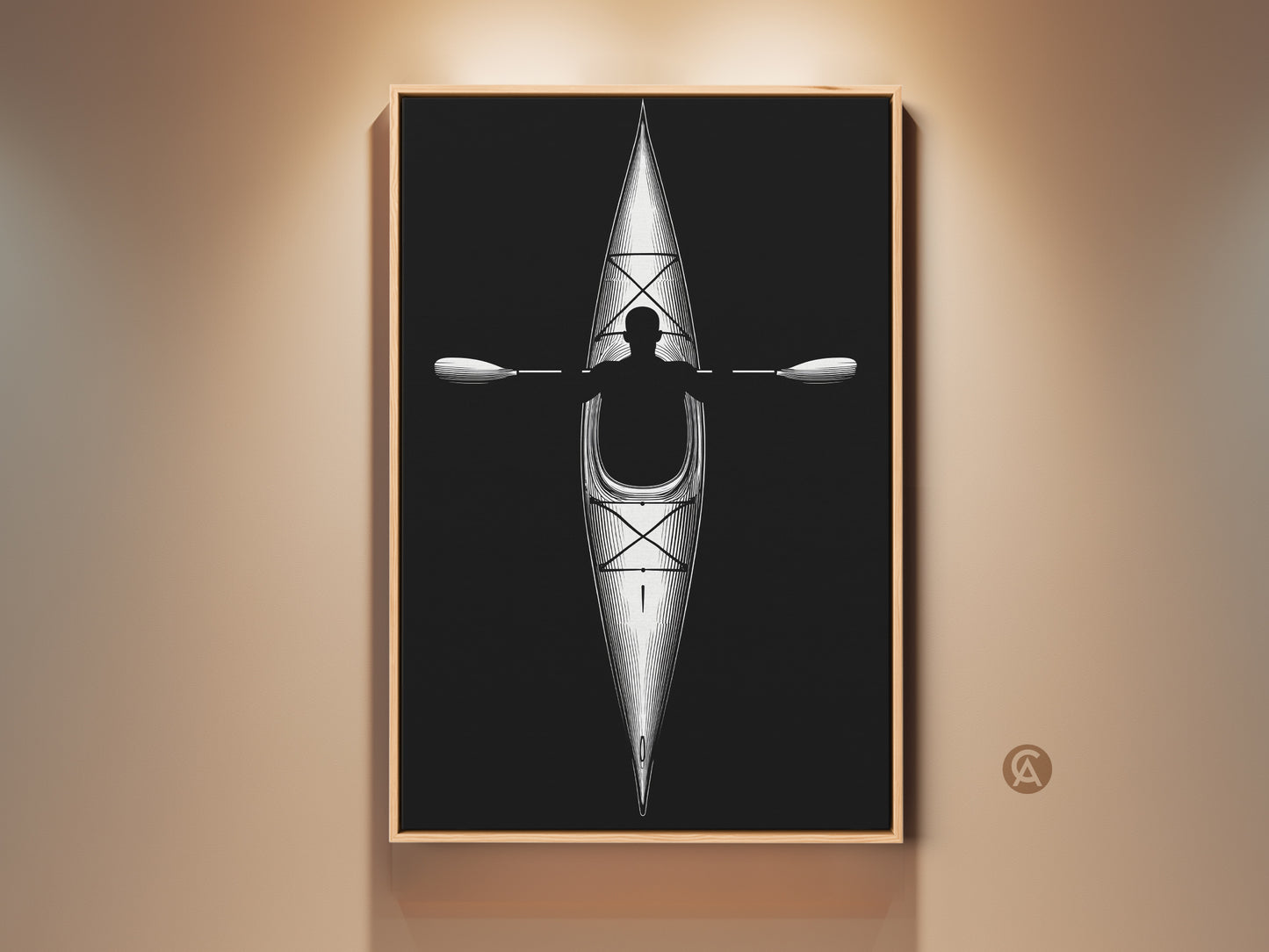 Monochrome minimalist kayak line artwork framed in oak. This black and white paddler print is ideal for sleek office wall art or adventure themed decor. Perfect gift for kayaker.