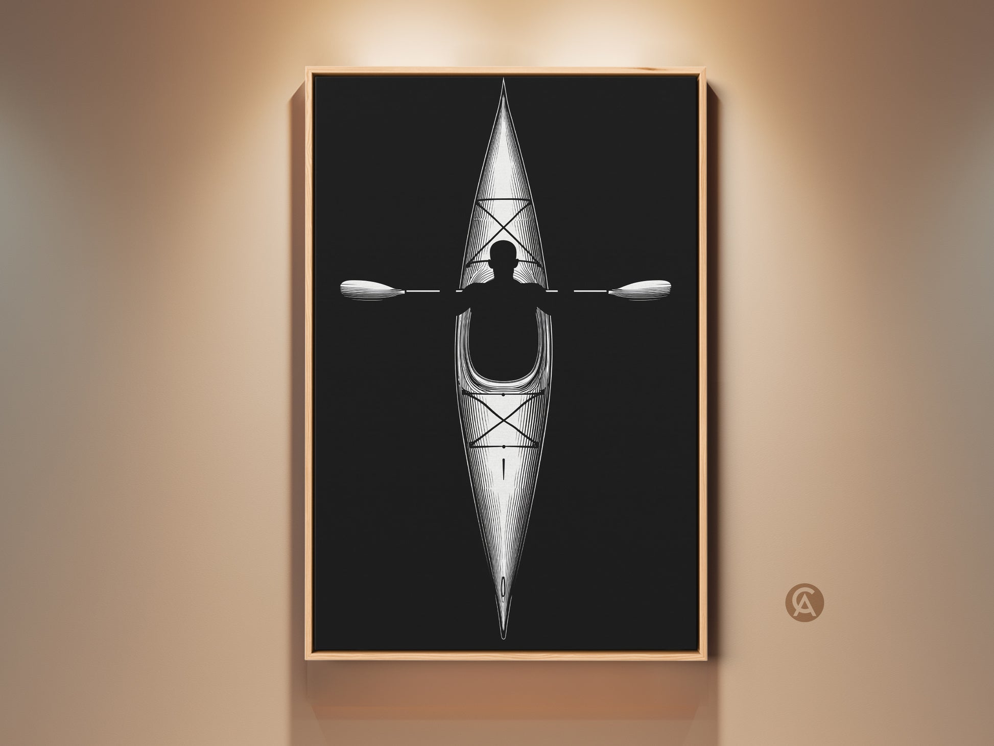 Monochrome minimalist kayak line artwork framed in oak. This black and white paddler print is ideal for sleek office wall art or adventure themed decor. Perfect gift for kayaker.