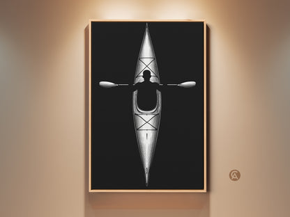Monochrome minimalist kayak line artwork framed in oak. This black and white paddler print is ideal for sleek office wall art or adventure themed decor. Perfect gift for kayaker.