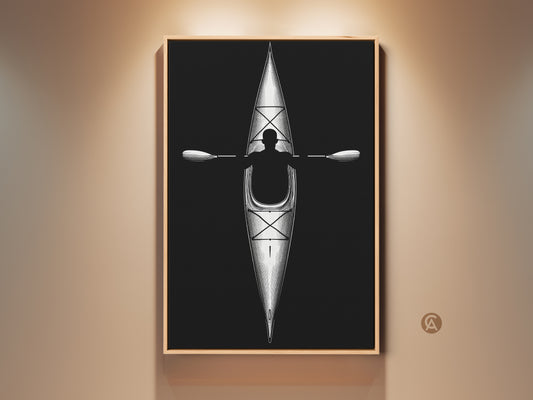Monochrome minimalist kayak line artwork framed in oak. This black and white paddler print is ideal for sleek office wall art or adventure themed decor. Perfect gift for kayaker.