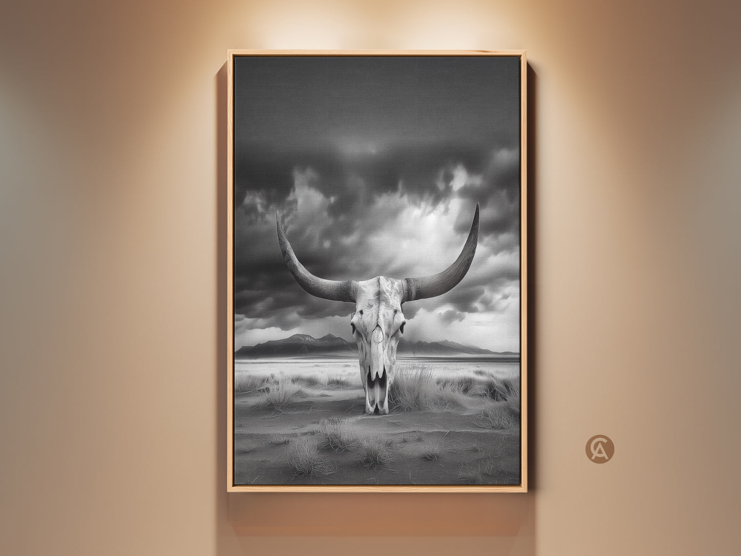 Monochrome longhorn skull artwork in a rustic frame. The western art print features a desert landscape. This cowboy gift is perfect for entryway art. It adds a touch of the arid landscape to your home. The striking black and white animal art creates a dramatic focal point.